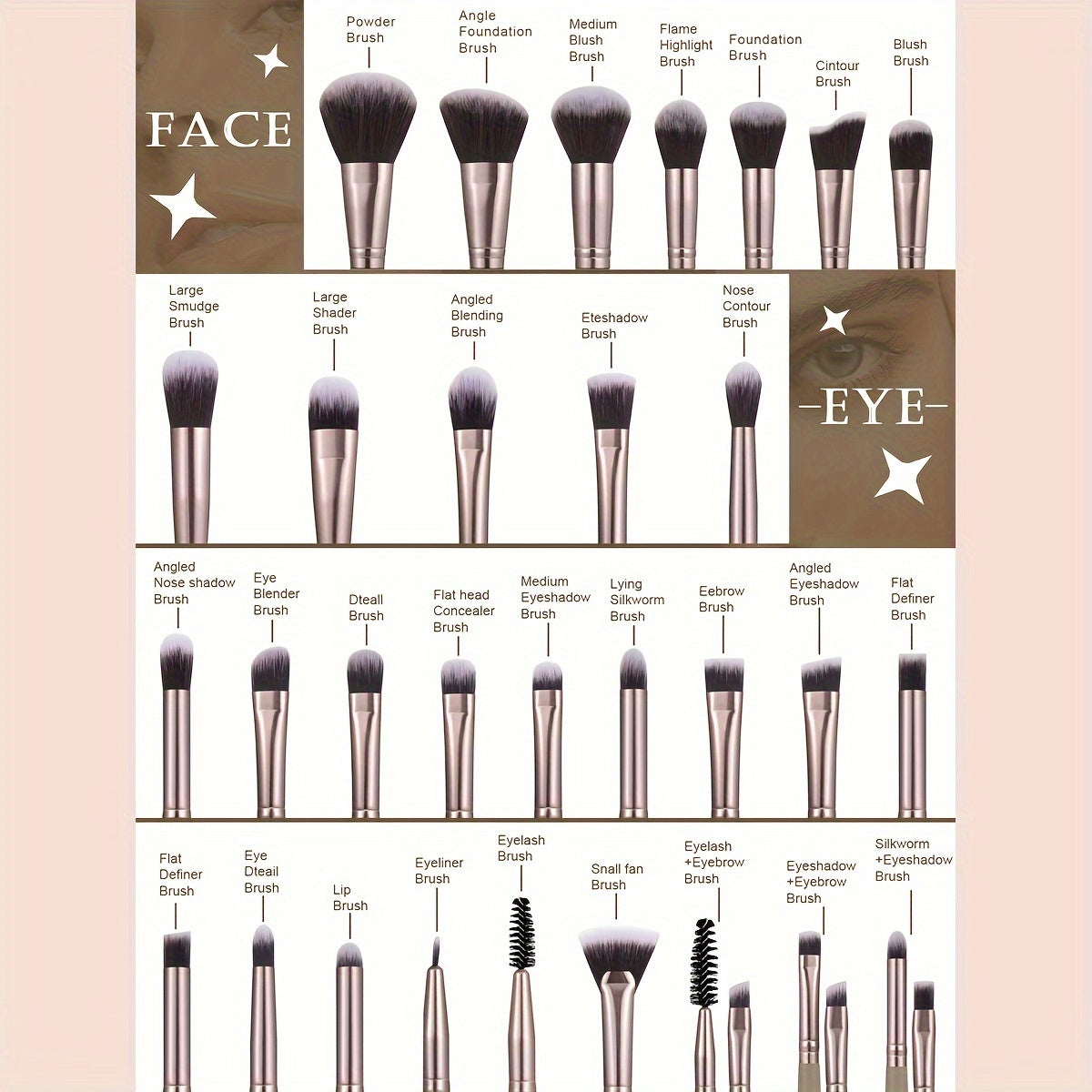 Kit de 55 accessoires de maquillage avec pinceaux et éponges – Coloris café