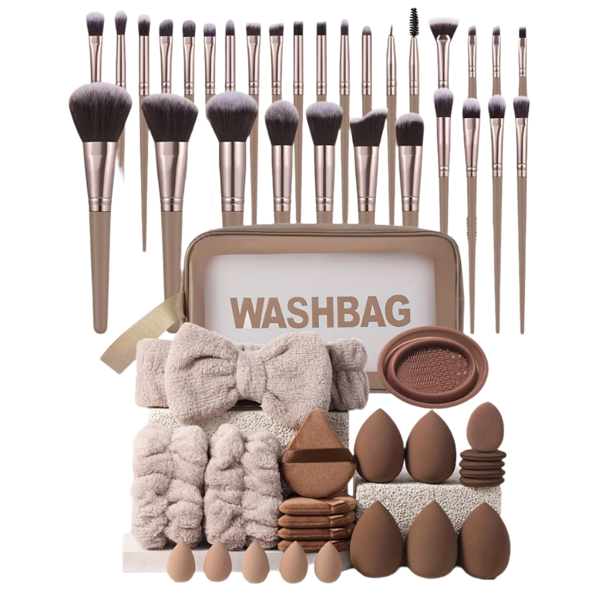 Kit de 55 accessoires de maquillage avec pinceaux et éponges – Coloris café