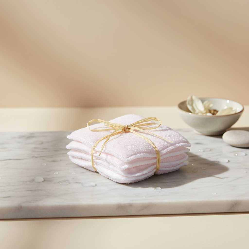 multiples lingettes blanche et rose avec un noeud de raphia